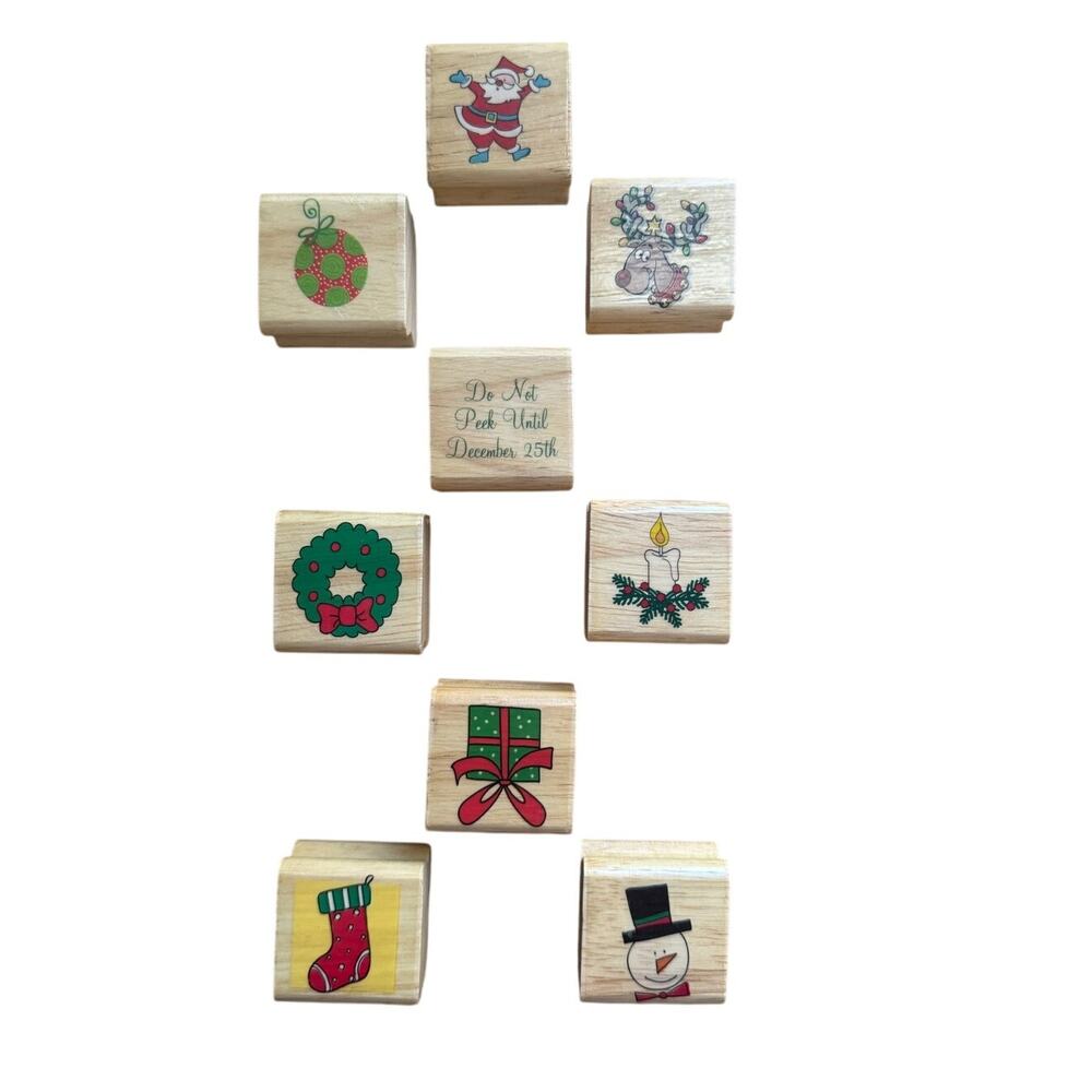Set of 9 Wood‎ Rubber Stamps Christmas Holiday Arts Crafts Santa Rudolph Gift